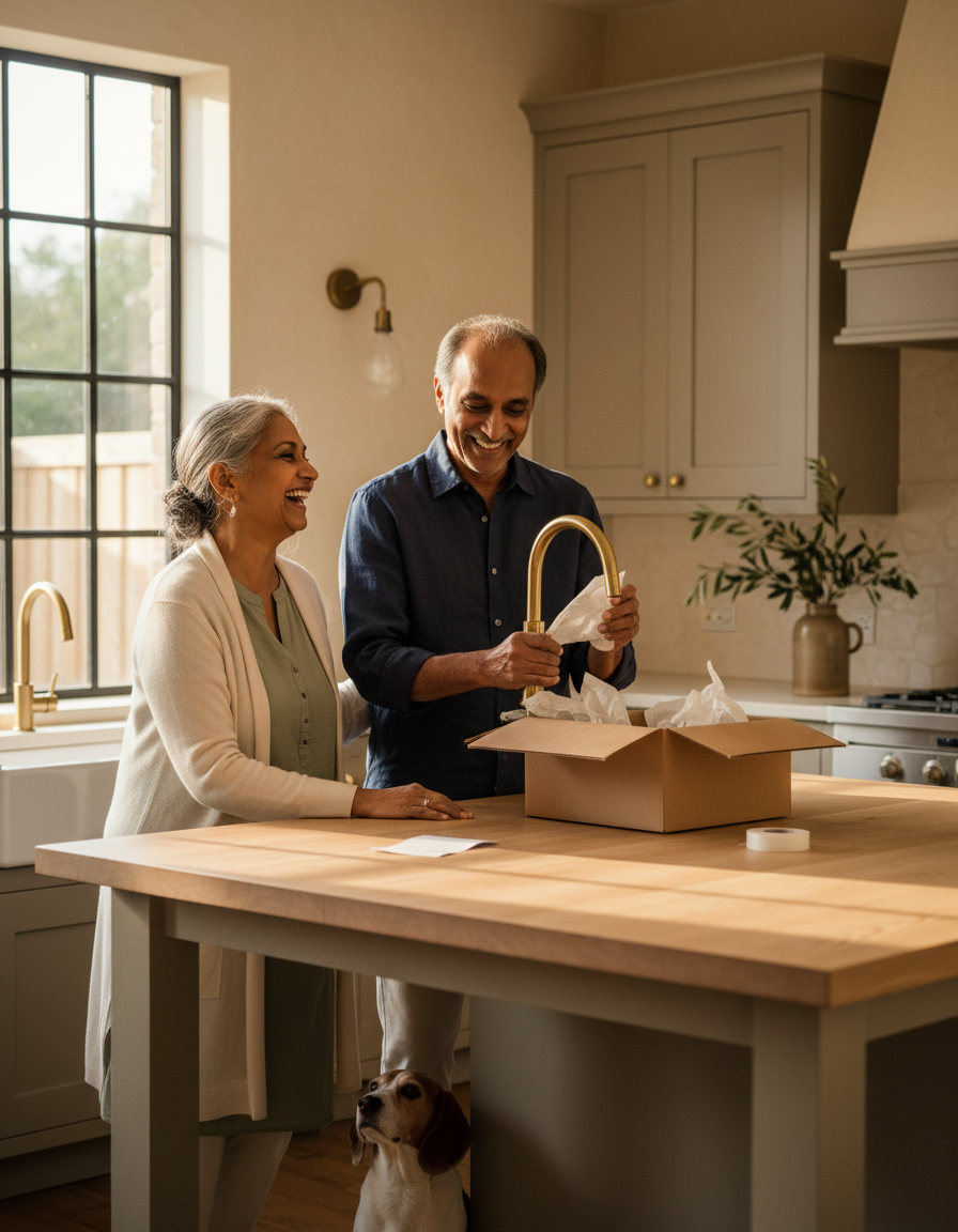 A homeowner couple unboxing a brass faucet in their renovated kitchen