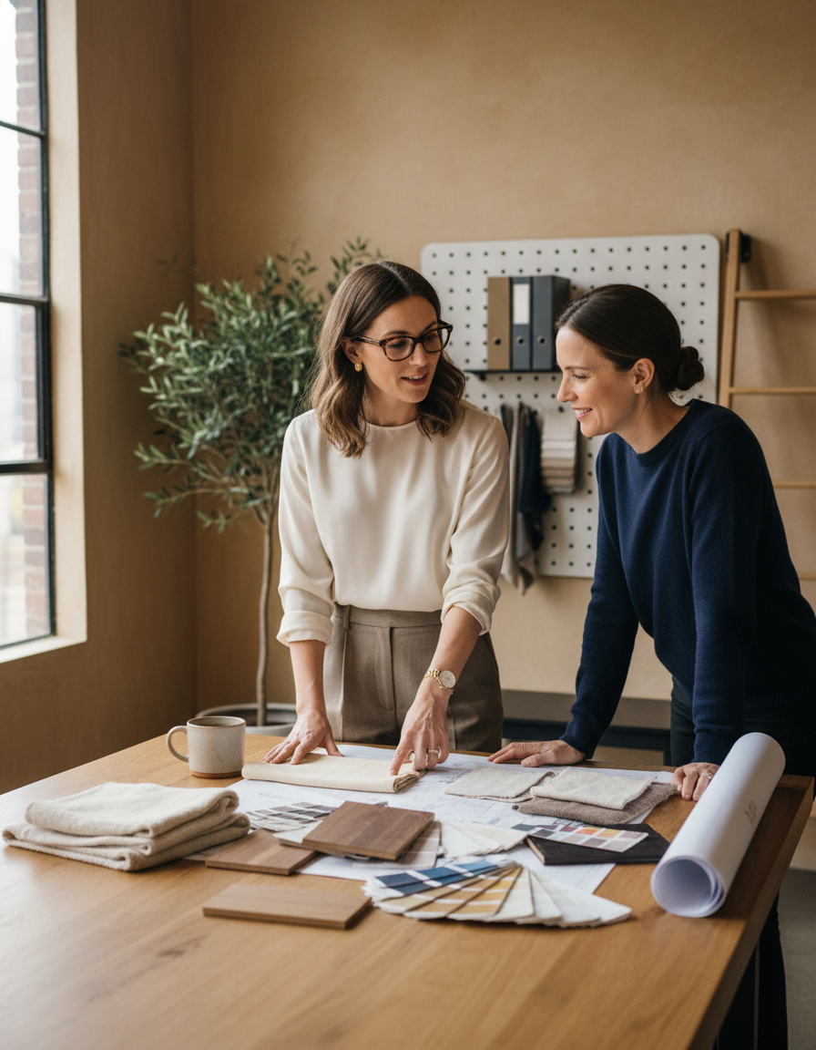 A Homara designer walking a client through material samples