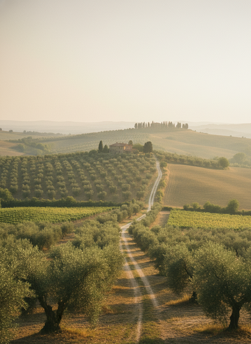 Tuscan olive hill at golden hour