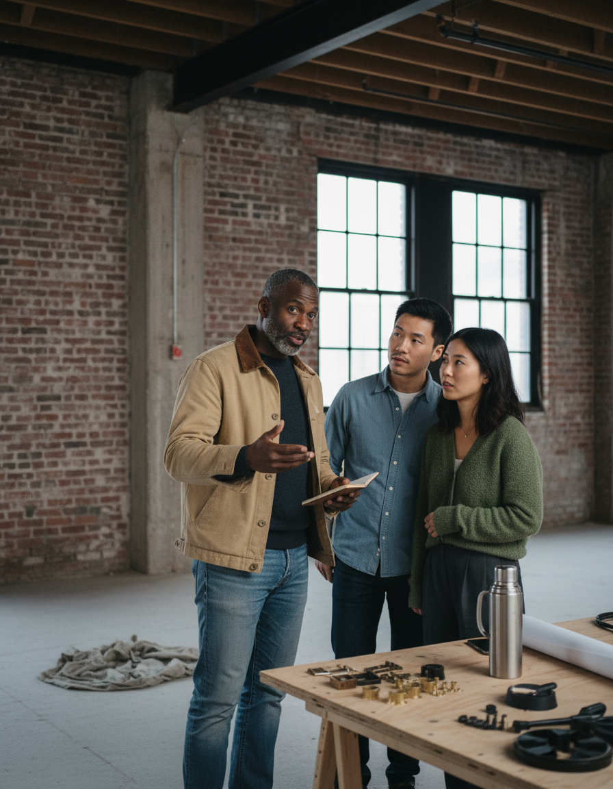 A Homara designer walking a young couple through a loft mid-renovation