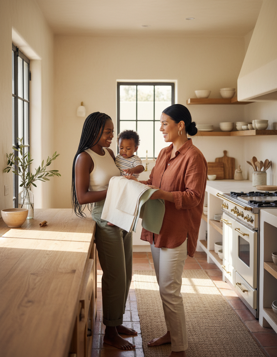 A designer sharing finish samples with a young mother and her toddler