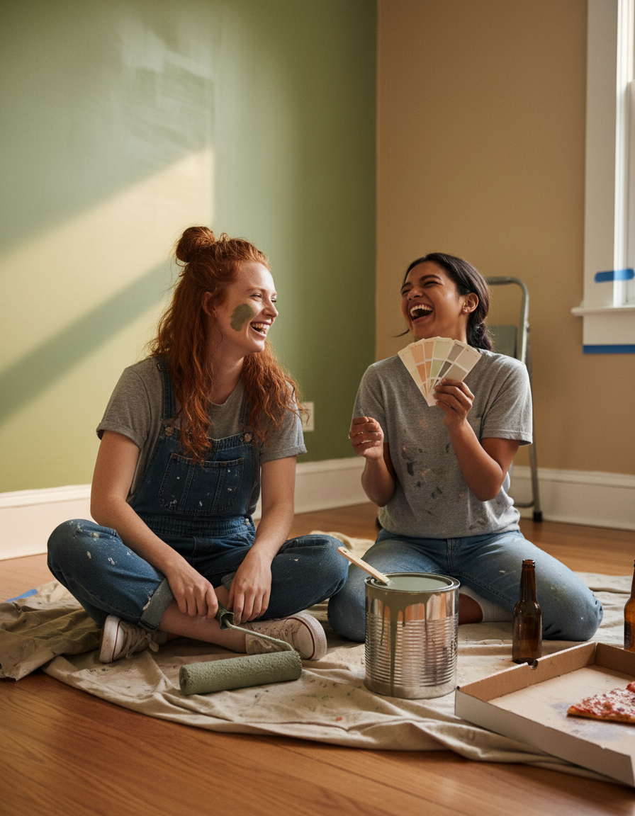 Two friends laughing on the floor of a half-painted bedroom